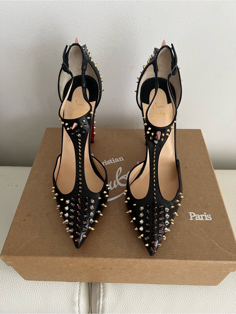 Christian Louboutin Black Pointed T-Strap Pumps with Mixed Metal Spikes
